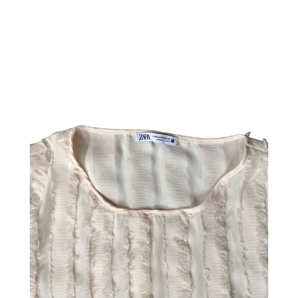Zara Women Cream Textured Fringe Puff Sleeve Blouse Round Neck Off White Medium